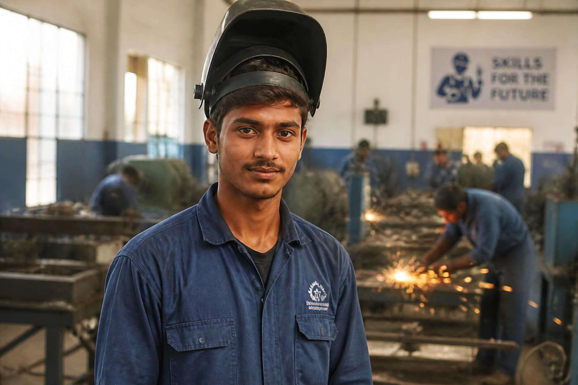 A young welding trainee in overalls looking towards camera in a Hunar training workshop